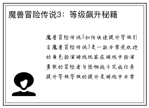 魔兽冒险传说3：等级飙升秘籍